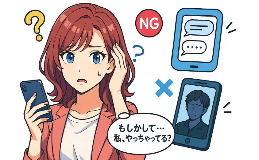 華の会メールで会えないと悩む40代女性のイラスト。やりがちなNG行動に気づくきっかけを描いたシーン。