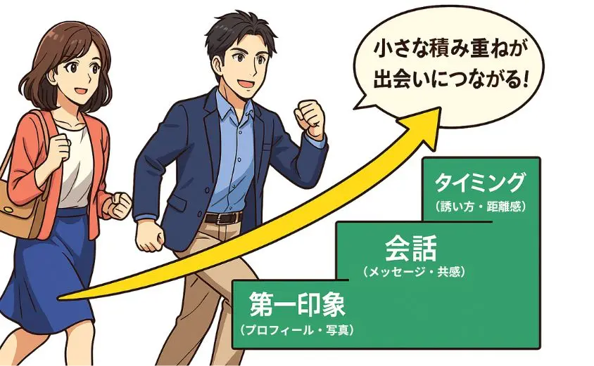 華の会メールで会えない人が出会いを目指してステップアップしていく様子を描いた、40代男女のイラスト