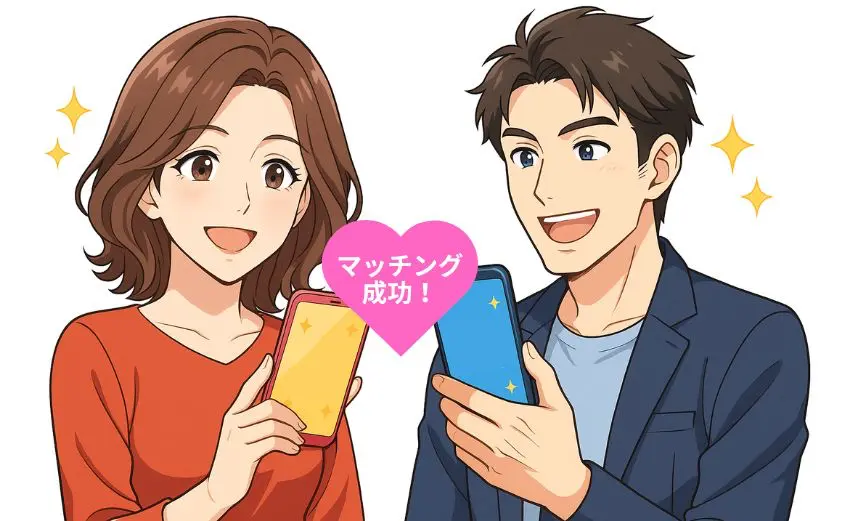 華の会メールでマッチングに成功した40代男女のイラスト。笑顔でスマホを見つめるシーンが明るく前向きな出会いを表現。