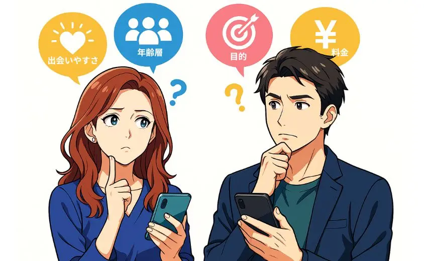 華の会メールや他の婚活サイトを比較しながら悩む40代男女のイラスト。出会いやすさ・年齢層・料金・目的を検討している様子。