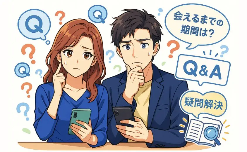 華の会メールで出会えない理由に悩む40代男女がスマホを見ながら疑問を抱えているイラスト。Q&Aの吹き出しやノートアイコンが浮かぶ構成。