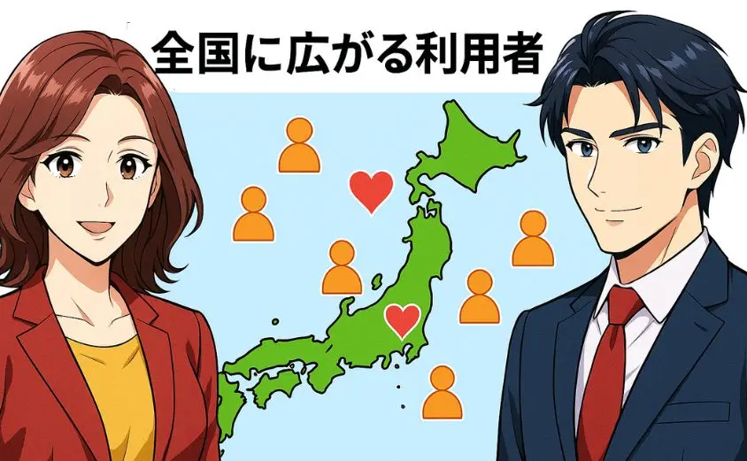 華の会メールの利用者分布を示す日本地図。40代男女の出会いが全国に広がっている様子を描いたイラスト