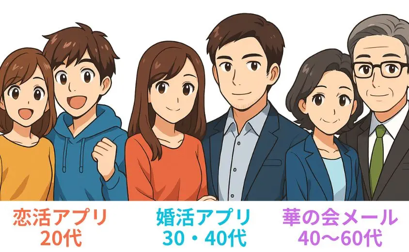 マッチングアプリの年齢層比較図。20代・40代・60代以上の男女キャラクターが並ぶイラストで、華の会メールは中高年層に特化していることを表現。