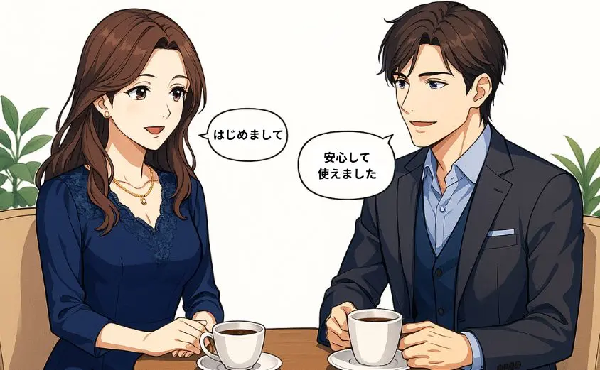 華の会メールで出会った40代男女がカフェで会話するラノベ風イラスト。大人向けマッチングアプリの安心感と落ち着いた雰囲気を表現