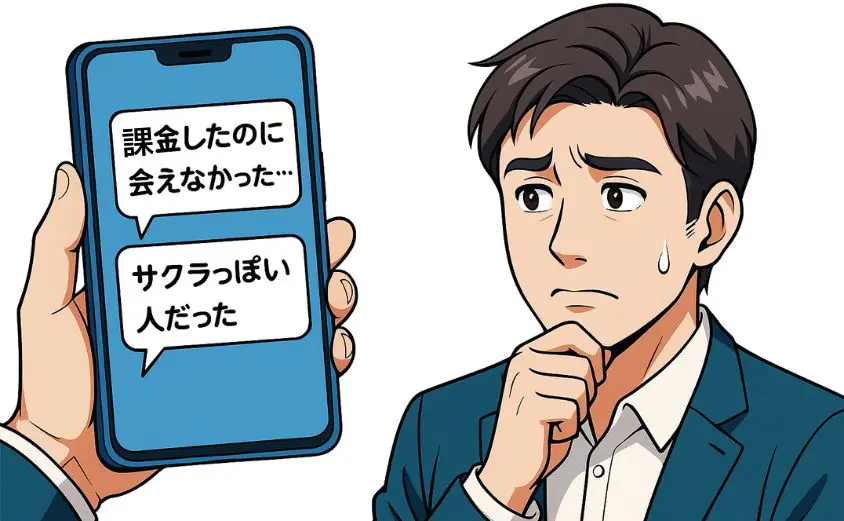華の会メールの口コミを見て困惑する40代男性のイラスト