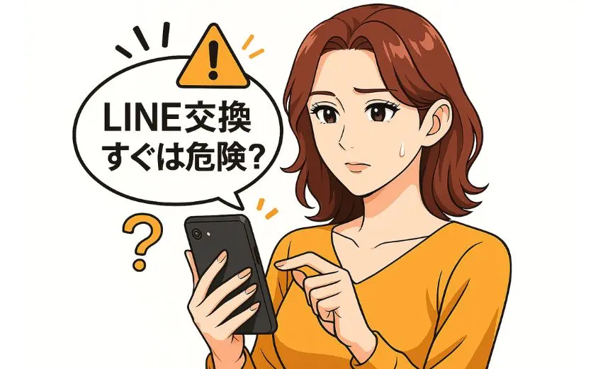 華の会メールの利用に不安を感じながらスマホを確認する40代女性のイラスト