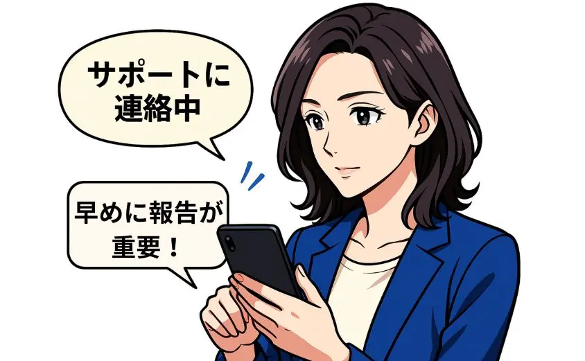 華の会メールでトラブル発生後、サポートに問い合わせる40代女性のイラスト