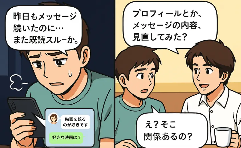 華の会メールで会えない原因を話し合う男性たちのイラスト。スマホの既読スルーに悩む男性と、婚活経験者がプロフィール改善をアドバイスしている2コマ漫画。