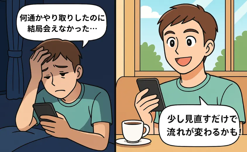 華の会メールで会えないと悩む男性が、使い方を見直して前向きになる2コマ漫画。落ち込む夜のシーンと、笑顔で返信を考える昼のシーン。