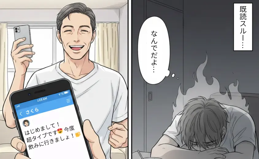 華の会メールで会えない原因を解説する2コマ漫画。若者向けの軽いメッセージを送って既読スルーされる40代男性のイラスト。