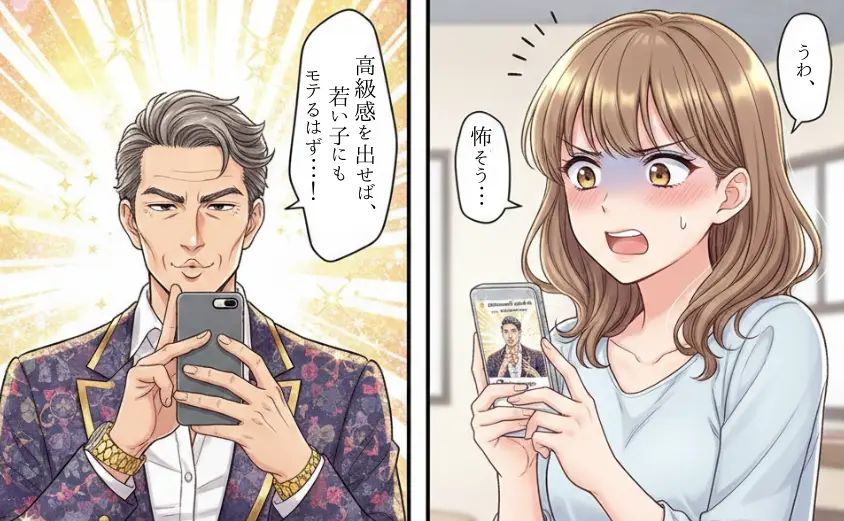 マッチングアプリのプロフィール写真に気合を入れすぎる中高年男性と、実物とのギャップや威圧感に引いてしまう女性のイラスト。