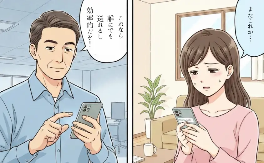スマホでコピペメッセージを効率的だと送る40代男性と、それを受け取り「またこれか」と呆れる女性の2コマイラスト