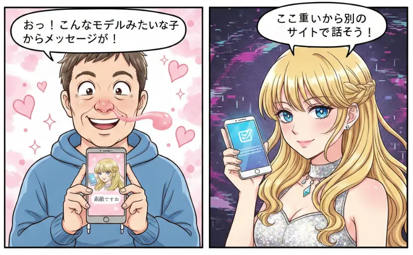 モデル風美女からの「会いたい」という誘いと、外部サイトへの誘導。