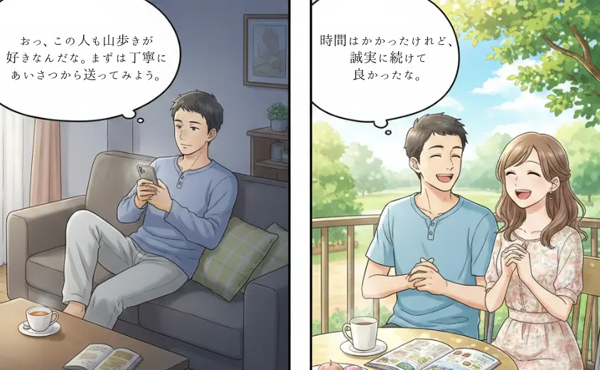 マッチングアプリで趣味の合う相手を探す40代男性と、数ヶ月後にカフェで楽しく談笑する男女のイラスト