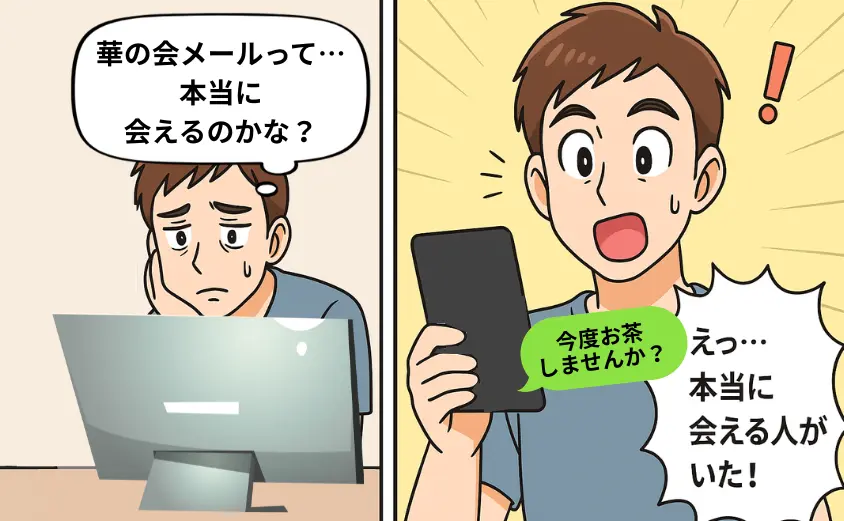 華の会メールは本当に会えるのか悩む男性と、実際に会える女性からメッセージを受け取り驚くシーンを描いた2コマ漫画