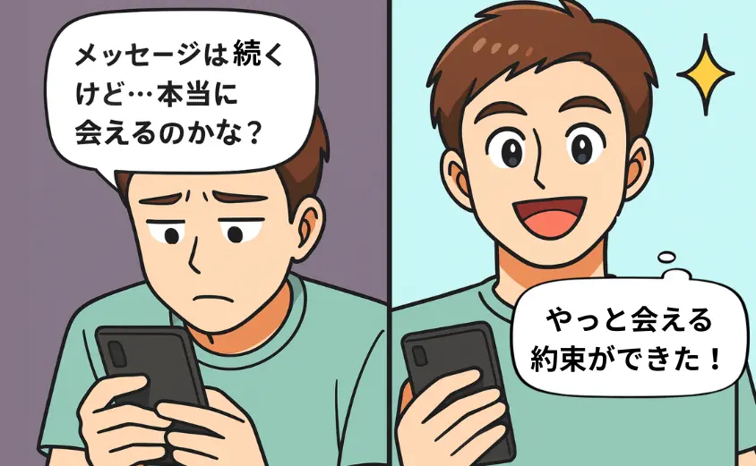 華の会メールは会える?スマホを見て不安になる40代男性と、実際にお茶の約束ができて笑顔になるシーンを描いた2コマ漫画。出会える安心感を表現したイラスト