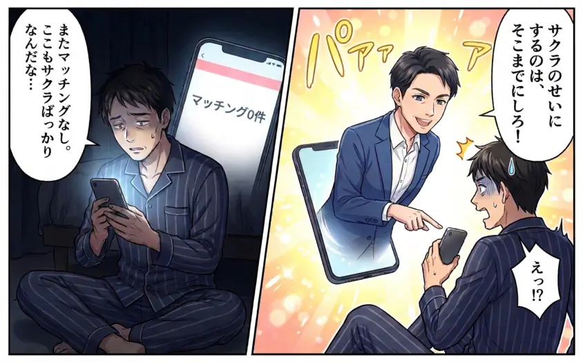 マッチングアプリで出会えず「サクラばかり」と嘆く40代男性の前に、スマホ画面から婚活のアドバイスをするプロの相談員が現れるイラスト