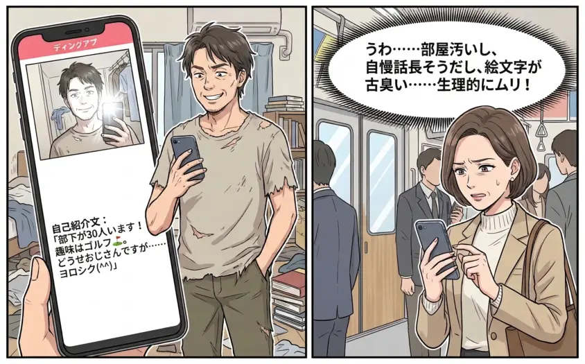 マッチングアプリで女性に嫌われる40代男性のプロフィール例。汚い部屋での自撮りと自慢げな自己紹介文に引く女性の比較2コマ漫画。