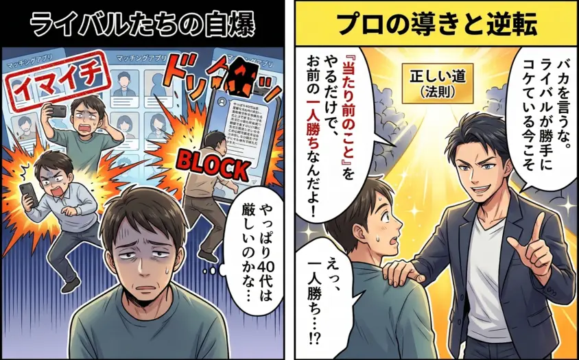 40代男性のマッチングアプリ攻略法を解説する2コマ漫画。ライバルの失敗とプロによる成功への導きの対比。