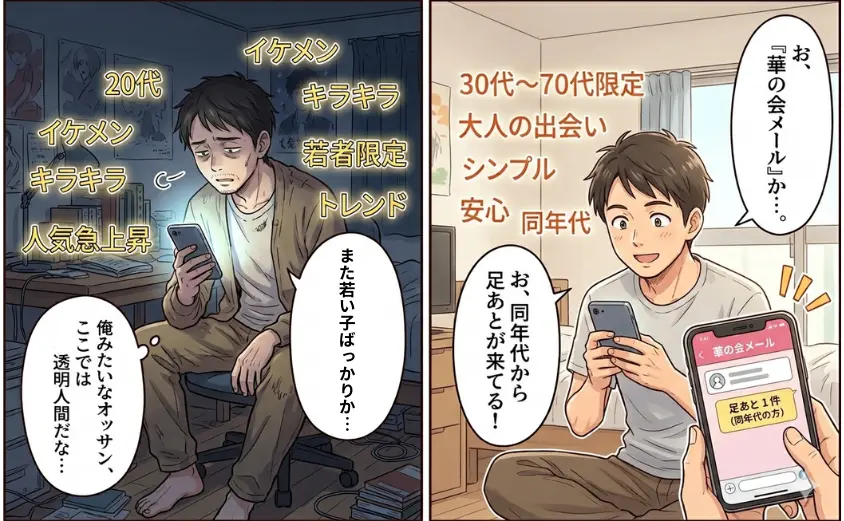 20代向けアプリで疎外感を感じる40代男性と、華の会メールで同年代からの反応に喜ぶ男性の比較イラスト