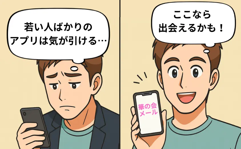 華の会メールの評判に悩む40代男性が、同年代向けの出会いサービスを見つけて安心する2コマ漫画