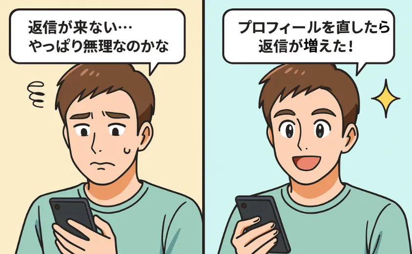 華の会メール 評判 を調べる40代男性がスマホを見て悩む姿と、プロフィール改善後に笑顔で返信を喜ぶ2コマ漫画
