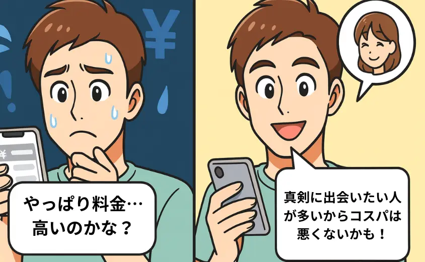 華の会メールの料金に悩む40代男性が『料金は高いのかな?』と不安に思い、次のコマでは『真剣に出会いたい人が多いならコスパは悪くないかも!』と安心する様子を描いた2コマ漫画