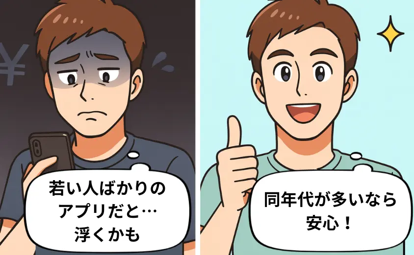 華の会メール 評判 を気にする40代男性が、若い人ばかりのアプリに不安を感じつつ、同年代が多いと知って安心している様子を描いた2コマ漫画