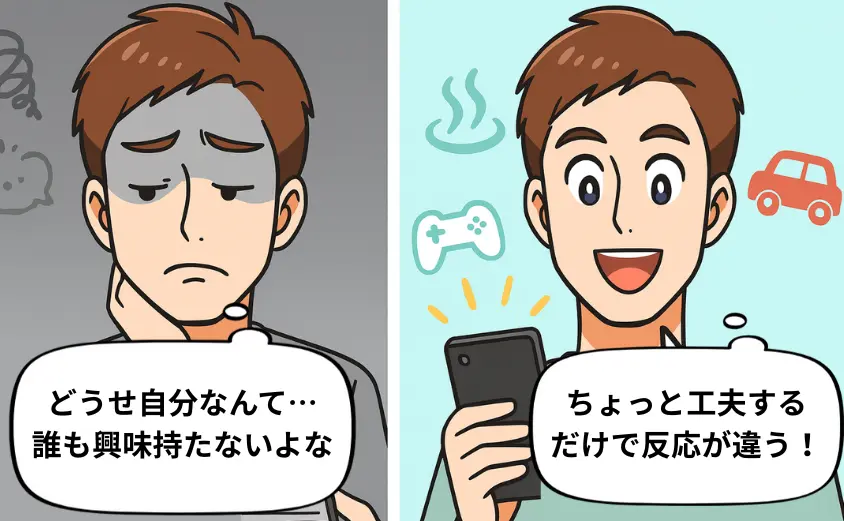 華の会メール 評判を解説するイラスト。40代男性がプロフィールを適当に書いて不安になる場面と、趣味を丁寧に書いたことで女性から反応をもらい笑顔になる2コマ漫画。出会いを成功させるコツを表現