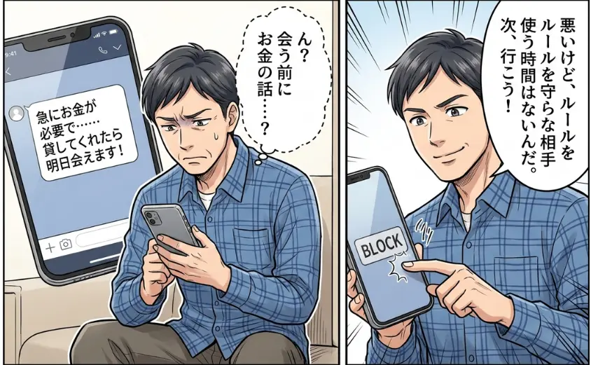 婚活アプリ「華の会メール」で金銭を要求するメッセージを読み、不審に思って相手をブロックする男性のイラスト