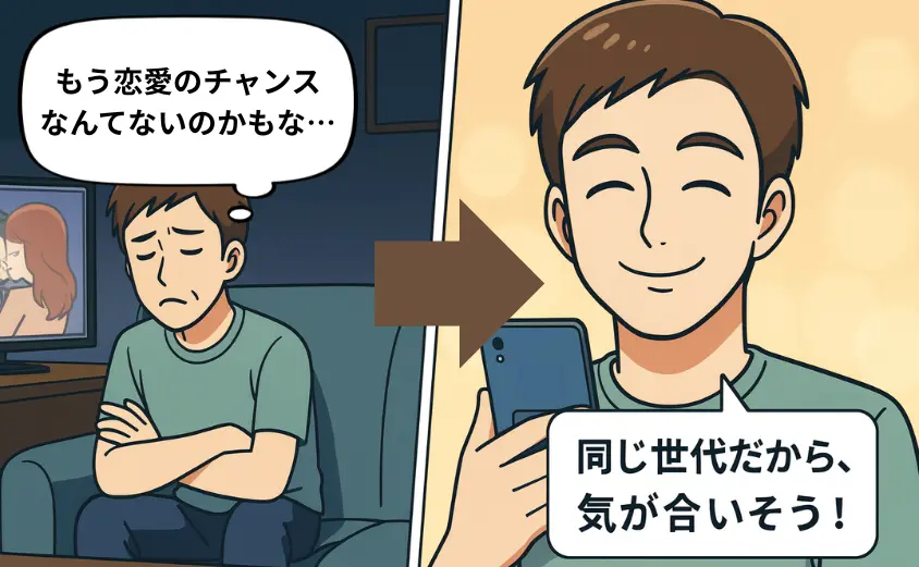 夜のリビングで「もう恋愛のチャンスはないかも」と悩む40代男性が、華の会メールで同年代の女性からメッセージをもらい笑顔になる様子。年齢層が近い相手と出会いやすいことを表したイラスト。