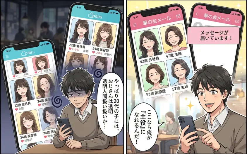 40代男性がマッチングアプリで苦戦し「華の会メール」で希望を見つけるイラスト。20代向けアプリでの無視から、同年代の女性とマッチングする様子。