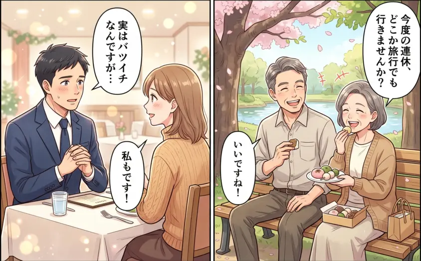 40代のバツイチ男女が共感し合う様子と、50代・60代カップルが公園で旅行の計画を立てる2コマ漫画。中高年の再婚・出会いのイメージ。