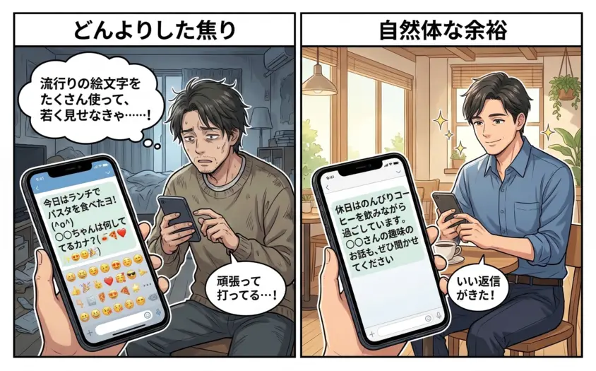 マッチングアプリで失敗する40代男性の「おじさん構文」と、好感度が高い「余裕のある自然体なメッセージ」を比較した2コマ漫画。