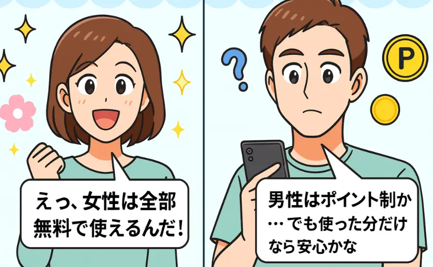 華の会メール 料金の違いを解説する2コマ漫画。女性は完全無料で利用できることに安心し、男性はポイント制でも使った分だけ安心と納得している様子