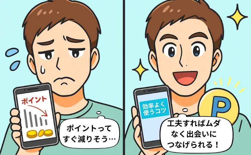 華の会メールの料金を無駄にしない使い方を表現した2コマ漫画。不安そうにポイント消費を気にする40代男性と、工夫して安心する男性キャラクターのイラスト