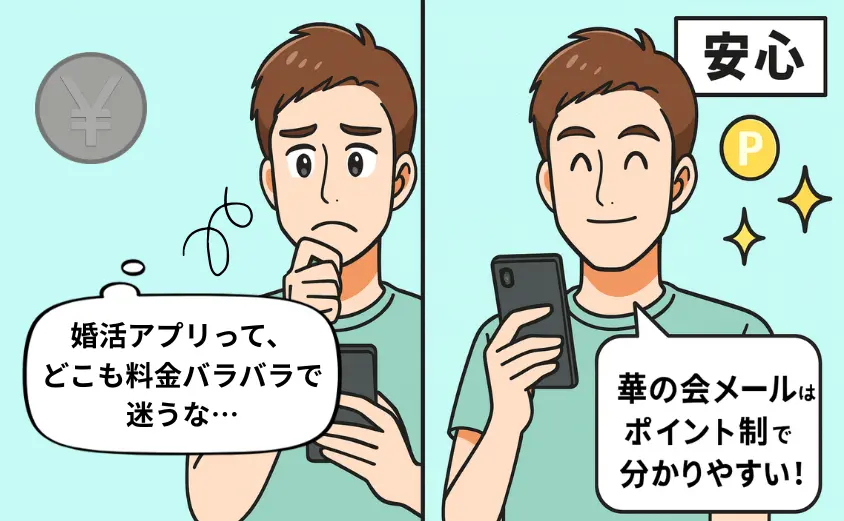 婚活アプリの料金で迷う40代男性と、華の会メールのポイント制に安心する比較イラス