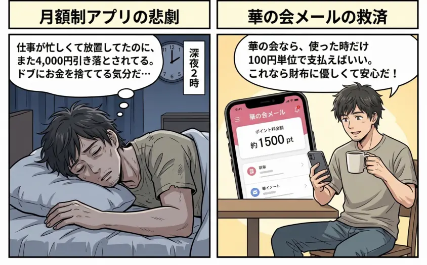 月額制マッチングアプリとポイント制「華の会メール」の料金比較漫画。定額制で無駄な費用を払う40代男性と、100円単位で安く利用できるポイント制で満足する男性の対比。