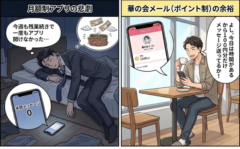 月額制マッチングアプリで費用を無駄にする悩みと、ポイント制「華の会メール」を100円分から賢く利用する40代男性の比較漫画。忙しいサラリーマン向けのコスパの良い婚活・出会い方。