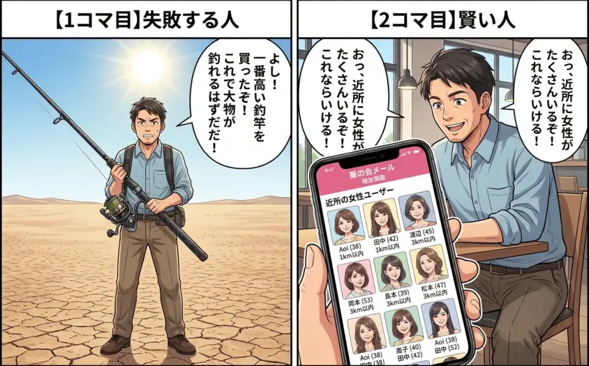 出会えないマッチングアプリで課金する失敗例と、会員層が豊富な「華の会メール」で賢く活動する比較漫画。30代後半から50代の近所の中高年女性ユーザーを探せるメリットの解説。