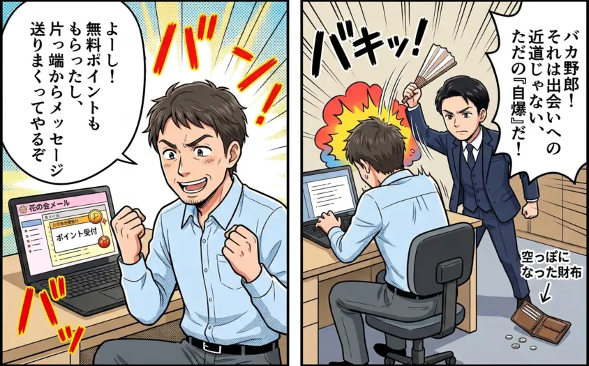 40代男性が「華の会メール」で大量送信しようとして、アドバイザーにハリセンで制止される2コマ漫画。無駄なポイント消費を警告するシーン。