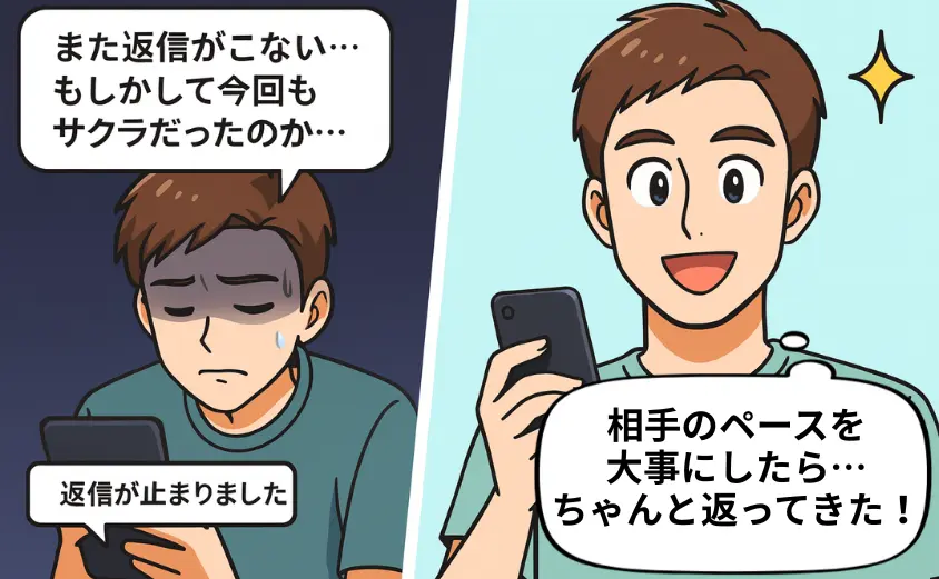 華の会メールでサクラ被害を疑う男性が、正しい見極め方で安心して出会いを楽しめるようになるまでを描いた2コマ漫画。