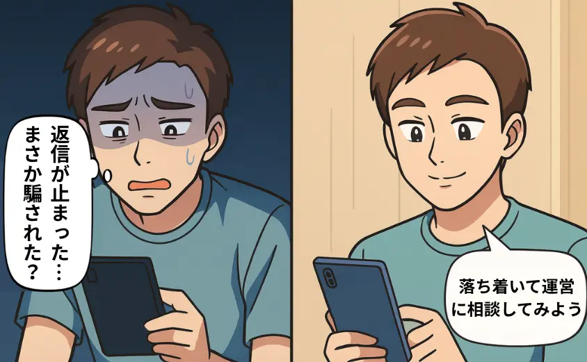 華の会メールで返信が止まり不安になる男性が、冷静に運営へ相談してトラブルを解決しようとする様子を描いた2コマ漫画。華の会メールのトラブル対処法を紹介する内容。