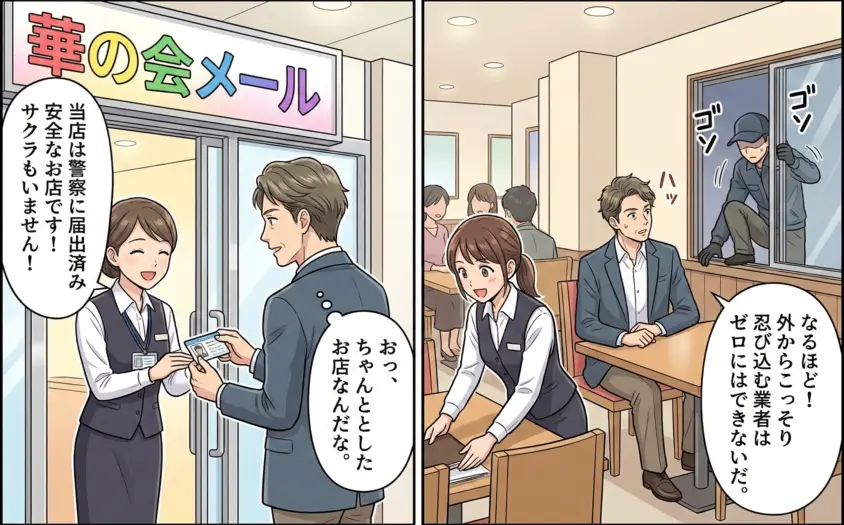 華の会メールの安全性を解説するイラスト。1コマ目は店員による身分証チェックでサクラ対策をアピール、2コマ目は外部から忍び込む業者(悪質ユーザー)への注意喚起を描いたイラスト。