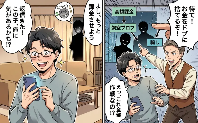 マッチングアプリで業者に騙される男性と注意を促すアドバイザーのイラスト