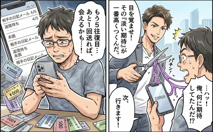 男性がマッチングアプリのやり取りに悩み、成功者がその執着を断ち切るイラスト。マッチングアプリやメールの「淡い期待」を捨てて次に進む様子。