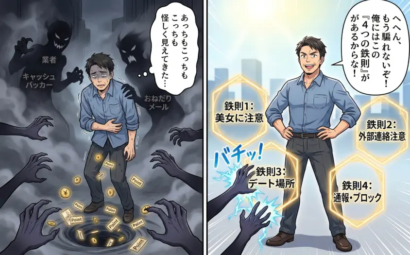 マッチングアプリの闇と対策を描いたイラスト。左コマでは「業者」や「キャッシュバッカー」の影に怯え、ポイントや現金を搾取される男性。右コマでは「4つの鉄則(美女に注意、外部連絡注意、デート場所、通報・ブロック)」のバリアで、詐欺の手口を撃退し自信を取り戻した男性。