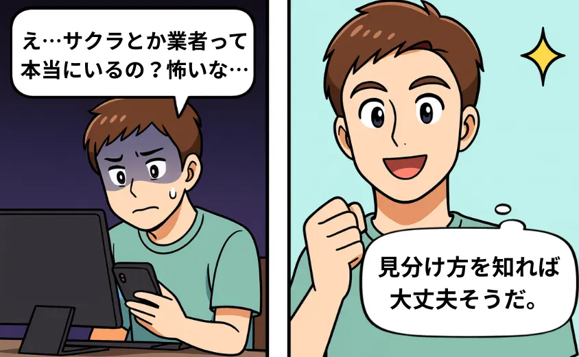 華の会メールやばいと検索して不安になる40代男性と、サクラや業者の見分け方を理解して安心する様子を描いた漫画