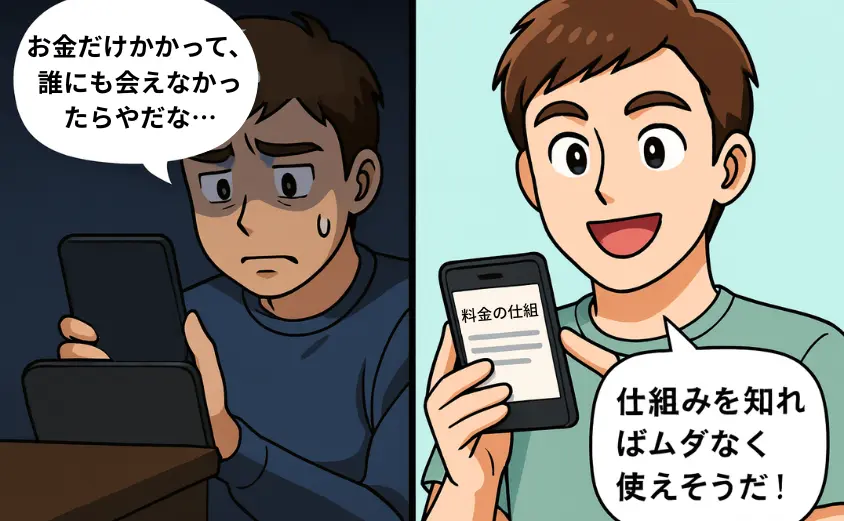 「華の会メール やばい」と検索して料金や出会えない不安を感じる40代男性が、料金の仕組みを理解して安心する2コマ漫画