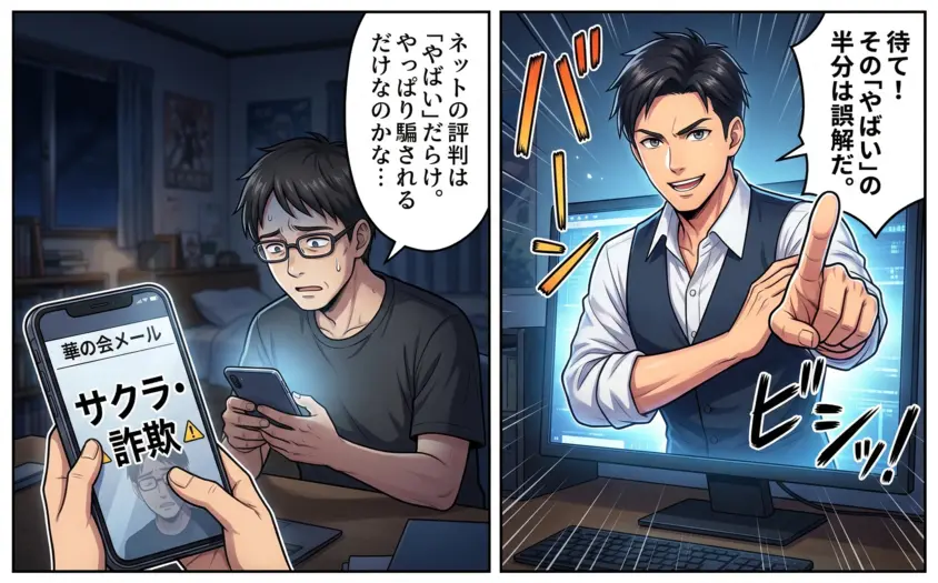 華の会メールの評判やサクラ・詐欺の噂に悩む40代男性と、誤解を指摘するアドバイザーの2コマ漫画